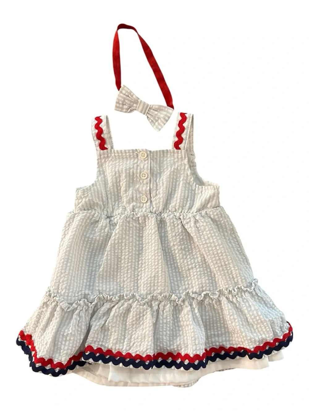 Nicole Miller Baby Girl White and Blue Seersucker Dress w/ Bow Headband 18 mo